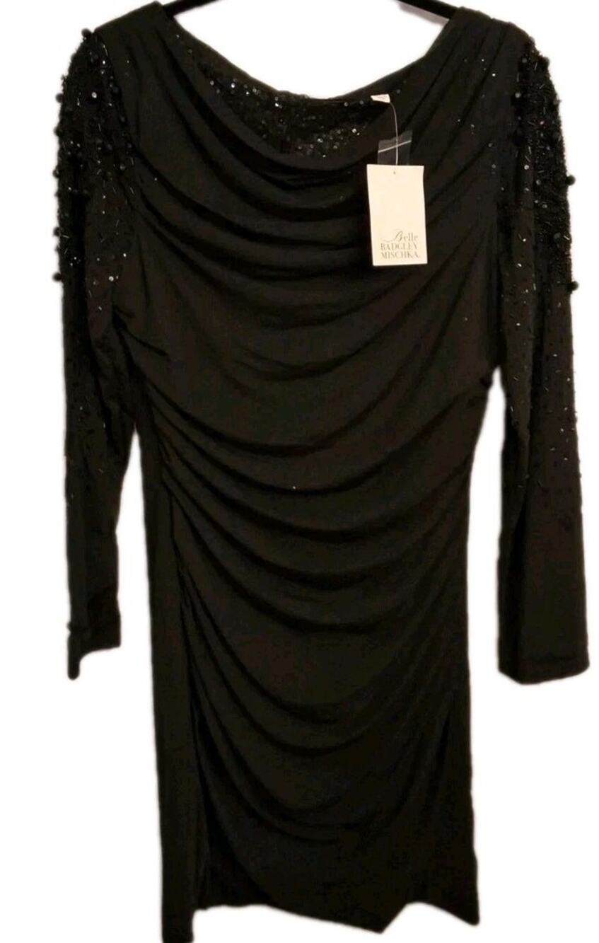 Belle Badgley Mischka Cocktail Dress Black Sequins Lg Sleeve Sz14